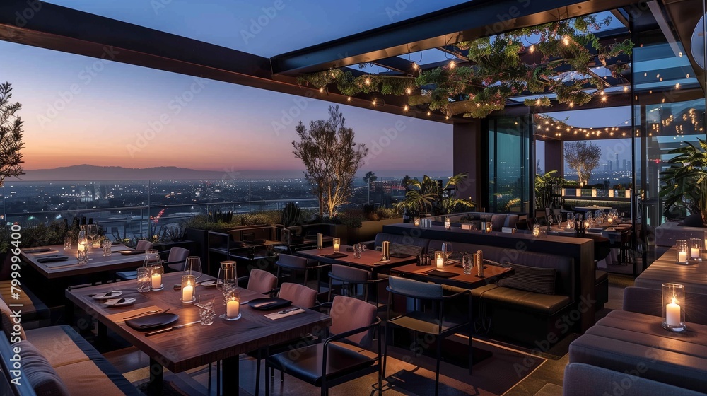 Modern urban rooftop restaurant with panoramic city views, sleek furnishings, and innovative cuisine.