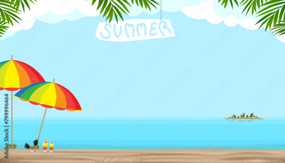 Summer background,Tropical sand beach background with sea waves,Hat,Sunglasses,flip flops,Pineapple,Beach Umbrella,Holiday banner.Background for Travel vacation,copy space for text