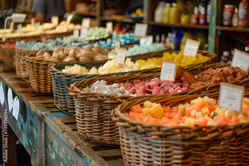 Person carefully arranges baskets of colorful products  creating an inviting and wholesome atmosphere