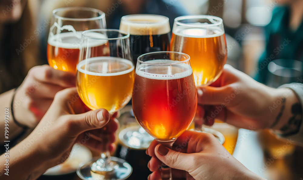 A group of friends are toasting with glasses of beer.