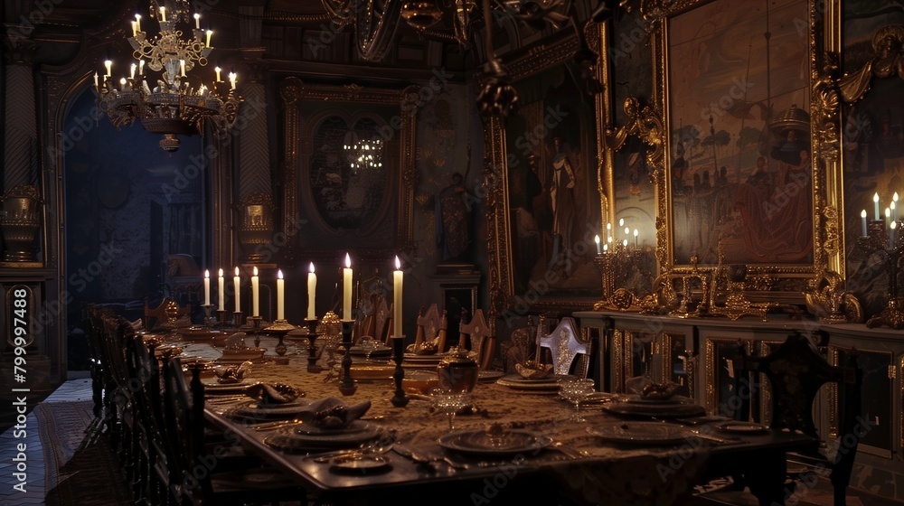 Renaissance-inspired dining room with ornate dining table, tapestries, and candle chandeliers.