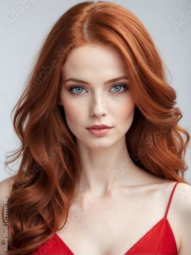 redhead beautiful woman on red dress with long hair on plain white background close-up portrait from Generative AI