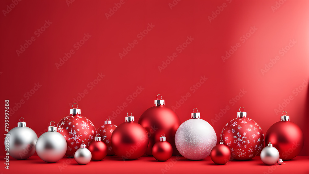 A red background with a bunch of red and white Christmas ornaments A red background with a bunch of red and white Christmas ornaments