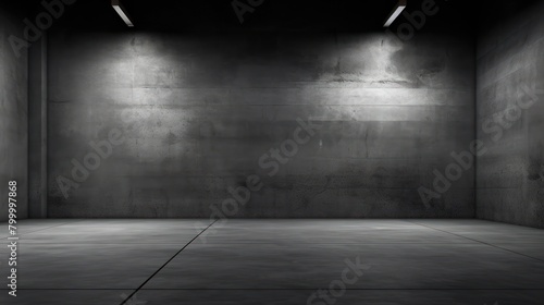 Empty studio space with dark concrete walls, a spotlight, and a concrete floor.