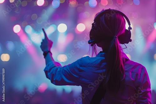 Woman event manager with headset pointing at live concert copy space available. Concept Event Management, Live Concert, Woman in Headset, Copy Space, Entertainment Industry