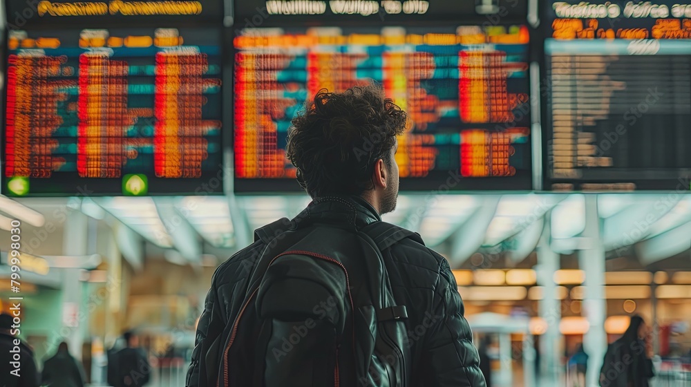 Solo Traveler Contemplating Airport Flight Schedule Solo Traveler Contemplating Airport Flight Schedule