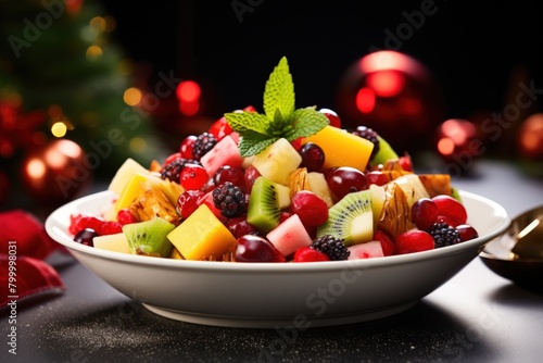 A vibrant and refreshing fruit salad set against a bokeh background.