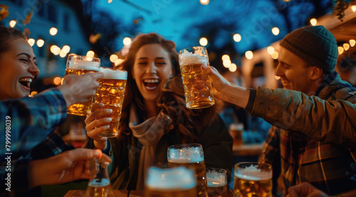 A group of friends celebrating at an outdoor beer festival, toasting with large glasses and pints of fresh keg foamy lager beer on the table in front of them. photo