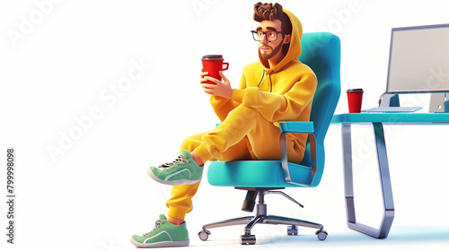Green sneakers sits cross-legged on an office chair at blue computer desk holds red cup of coffee in hand enjoys. Young successful programmer cartoon guy in yellow hoodie, 3d render isolated