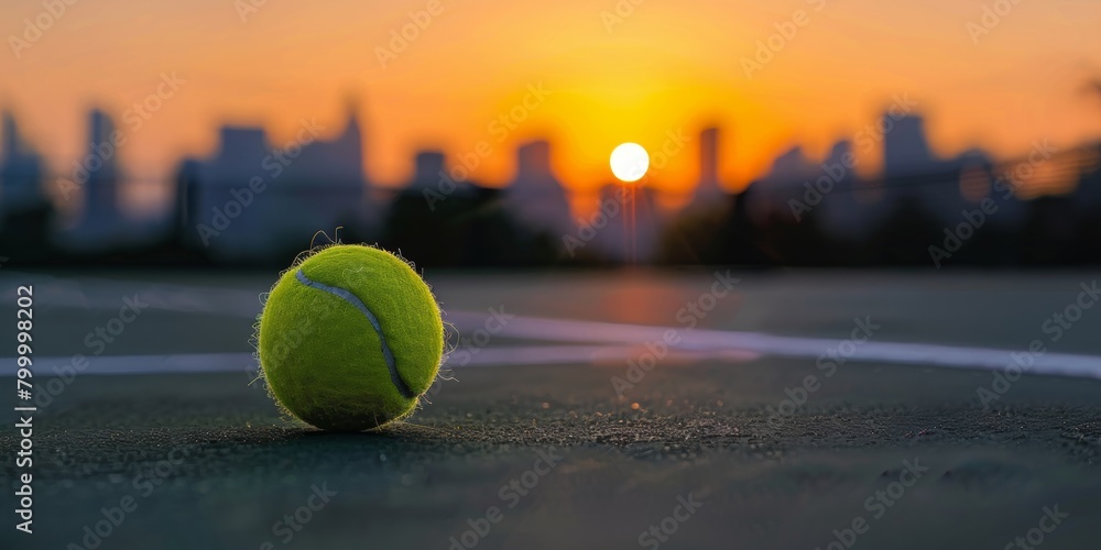 Close-up of a tennis ball on a hard court with a blurred city skyline and sunset in the background.