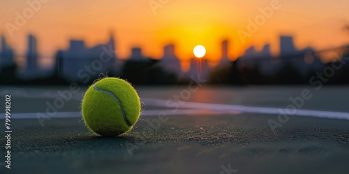 Close-up of a tennis ball on a hard court with a blurred city skyline and sunset in the background.