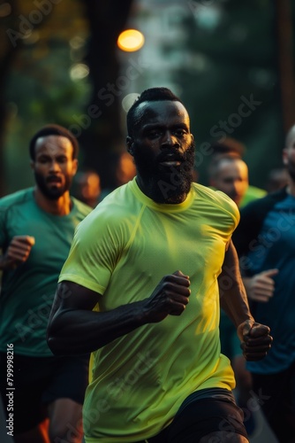 Dynamic photo of a multi-ethnic group of men in sports attire running in a city park