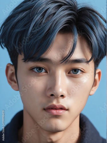 plain blue background close-up portrait portrait of young handsome korean idol from Generative AI