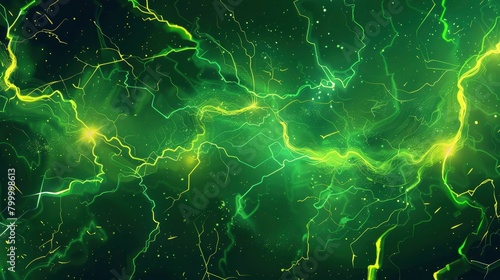 A green background with lightning and electricity, glowing yellow lines on the surface of an electric field