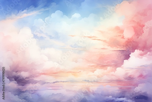 A watercolor painting of a sunset over the ocean. The sky is a gradient of purple, pink, and yellow, with white clouds. The ocean is a deep blue, with waves crashing on the shore.