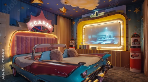 Retro drive-in theater-inspired bedroom with car bed, concession stand, and movie screen. photo
