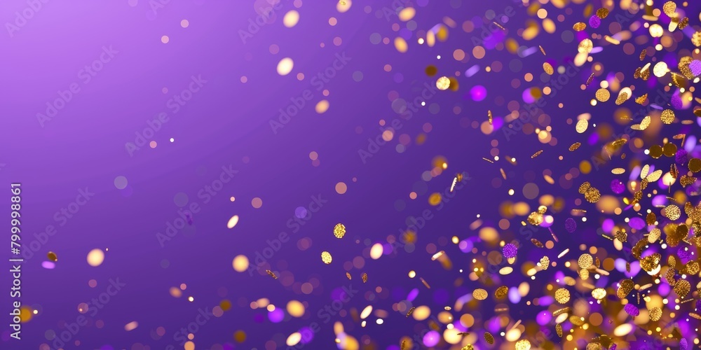 Shimmering gold glitter particles scattered across a vivid purple background, creating a festive abstract atmosphere. Shimmering gold glitter particles scattered across a vivid purple background, creating a festive abstract atmosphere.