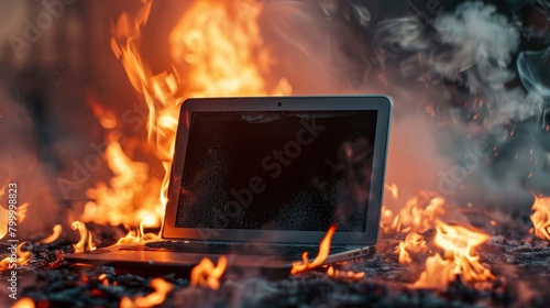 An open laptop on fire, with the screen black and white, placed in front of flames