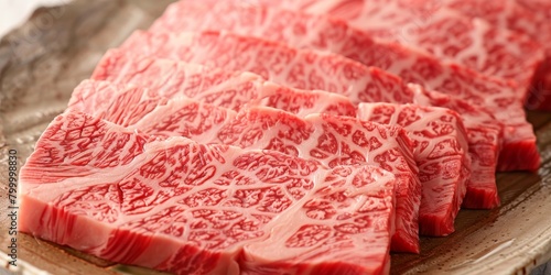High-grade Japanese Wagyu beef slices with intense marbling on a traditional wooden plate