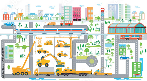 Stadtsilhouette Panorama Übersicht mit Baustelle und Verkehrswesen, Illustration © scusi