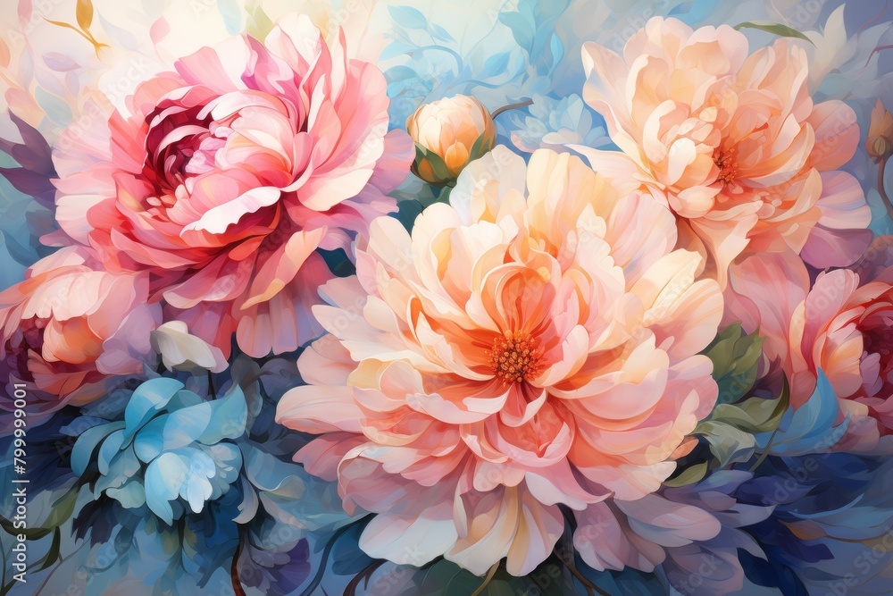 A watercolor painting of pink and white peonies with blue leaves. A watercolor painting of pink and white peonies with blue leaves.