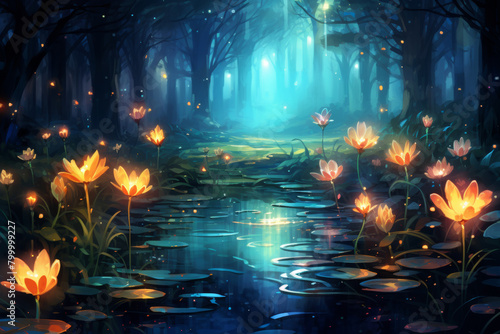 fantasy forest with glowing flowers and a stream
