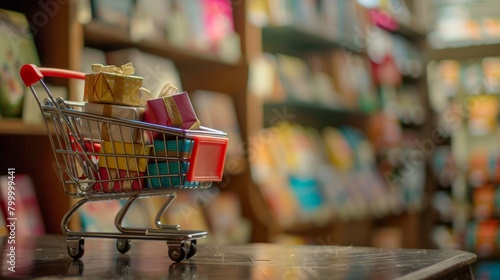 A miniature shopping cart overflowing with colorful gift boxes against a bookshelf background.