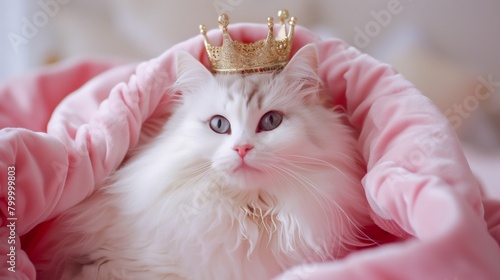 A majestic white long-haired cat wearing a golden crown, nestled in soft pink fabric.