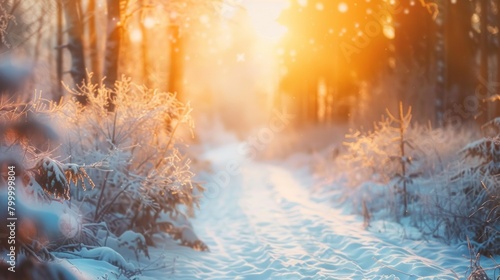 Sunset casts a golden glow on a snowy path through a serene forest.