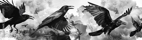 A flock of crows takes to the sky, their raucous calls filling the air as they glide gracefully overhead 8K , high-resolution, ultra HD,up32K HD photo