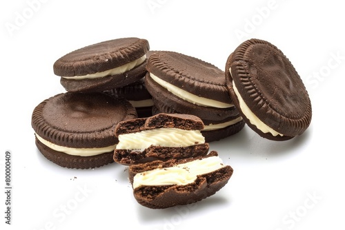 circular chocolate cookies with cream filling on white background