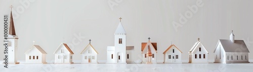 A row of white churches on a light background, each with its own unique architectural style, creating a picturesque view 8K , high-resolution, ultra HD,up32K HD