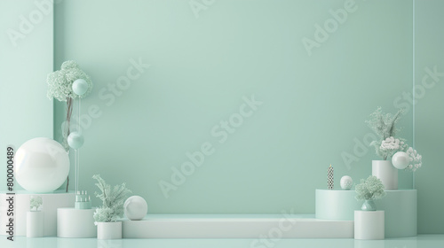 3d rendering of colorful mint background wall with birthday party decoration, mint colors, empty wall mock up, birthday invitation, greeting card 