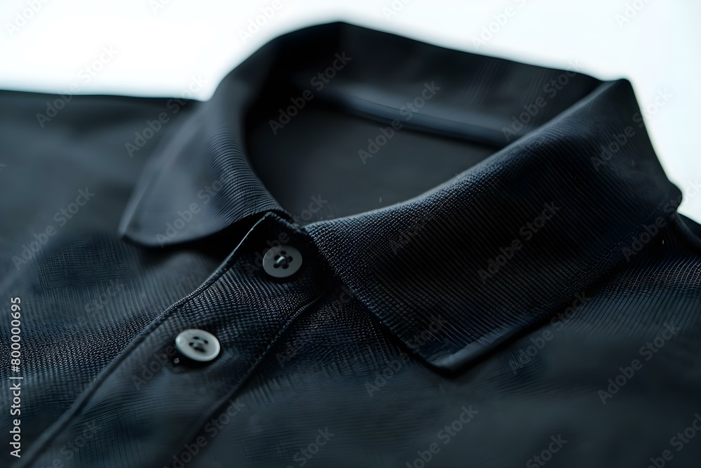 Detail shot of black polo shirt collar button on white background. Concept Fashion Photography, Black Polo Shirt, Close-up Shot, Collar Button, White Background Detail shot of black polo shirt collar button on white background. Concept Fashion Photography, Black Polo Shirt, Close-up Shot, Collar Button, White Background