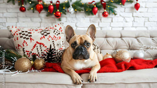 Cute French bulldog on sofa with Christmas decorations