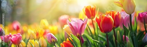 Vibrant tulips under the sun with a backdrop of spring. #800000880