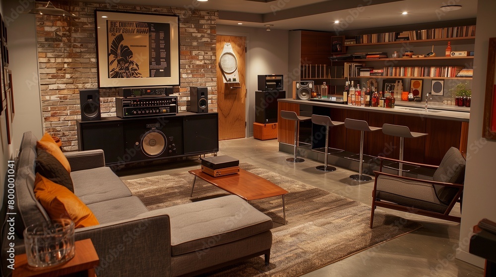 Retro vinyl record-themed basement with listening area, bar, and vintage record player.