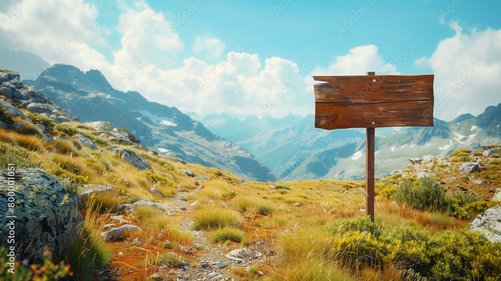 Scenic mountain landscape with a wooden signpost under a clear blue sky, set amid vibrant alpine flora.