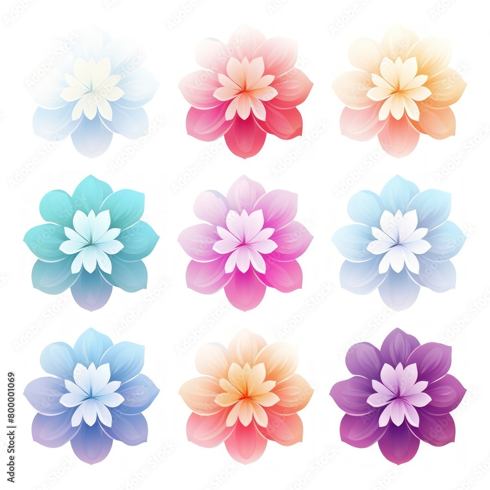 Set of flat gradient icons featuring various flowers on a white background