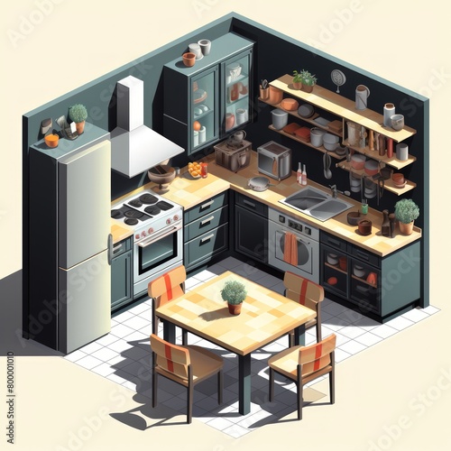 Kitchen room isometric illustration with a table, sink, and various elements.