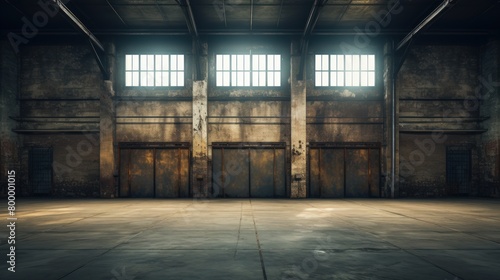 Large  empty warehouse with rows of dusty windows. Sunlight streams through  illuminating motes of dust.