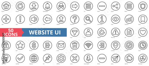 Website UI icon collection set. Containing home, reload, download, notification, incognito, forward, list icon. Simple line vector.