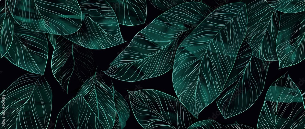 Hand drawn line art of a dark green leaf pattern, with a seamless texture background