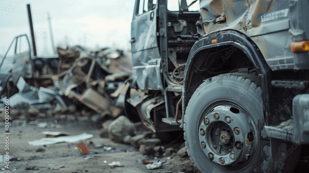 Close-up view of a damaged truck in a wrecked vehicle scrapyard, showing detailed debris and parts.