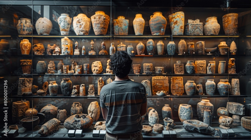 An anthropologist studying cultural artifacts from an archaeological site,Artifacts arranged on display for analysis