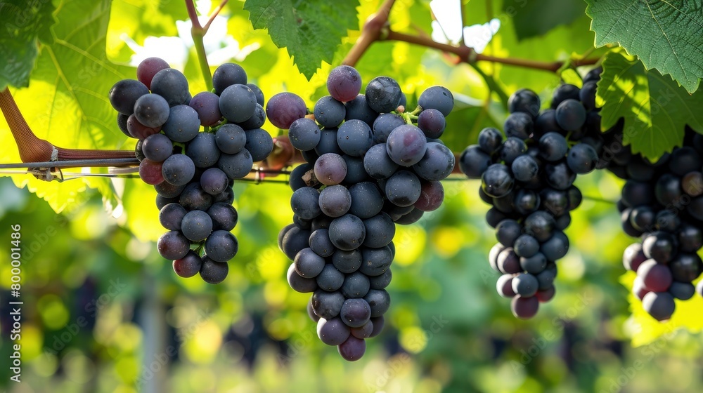 In the vineyard, black grapes hang from vines with green leaves in the background.