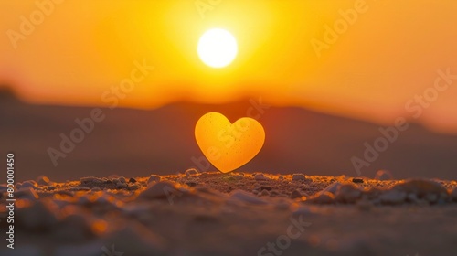Heart shaped sun setting over the desert, orange sky, yellow sand, blurry background