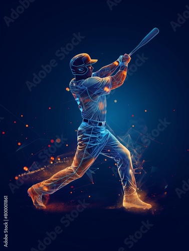 Electric blue silhouette of a baseball player swinging a bat made of polygons lowpoly neon network