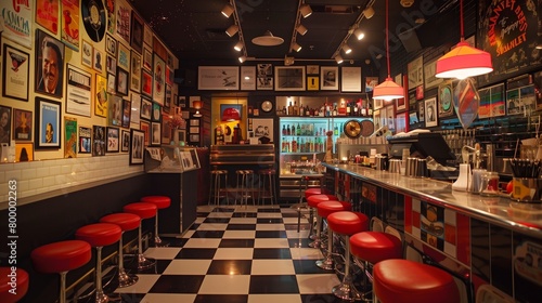 Retro vinyl record-themed cafe with record album menu, vinyl bar stools, and vintage memorabilia. photo