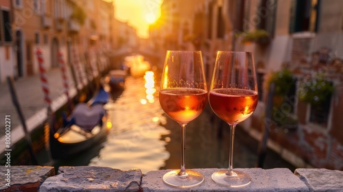 In the front are two glasses of ros   wine  while in the background are residences and boats with a tiny canal across an old stone bridge.
